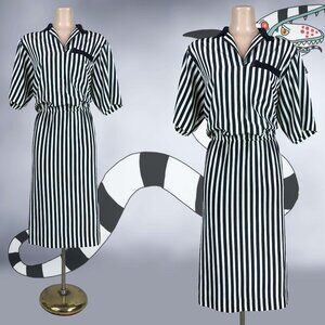 VINTAGE 80s Black and Off-White Striped Dress by Liz Roberts L/XL VFG